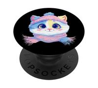 Chat Souriant d'hiver Mignon Portrait Graphique Pompon Bleu PopSockets PopGrip Adhésif