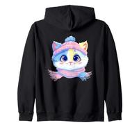 Chat Souriant d'hiver Mignon Portrait Graphique Pompon Bleu Sweat à Capuche