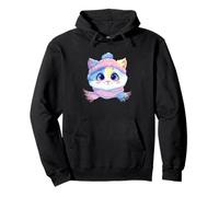 Chat Souriant d'hiver Mignon Portrait Graphique Pompon Bleu Sweat à Capuche