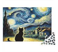 Chat sous Les Étoiles Puzzle 1000 Pièces pour Adultes Village Nocturne Papier Loisirs Relax Détente Famille 38x26cm/1000pcs