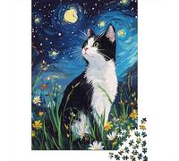 Chat sous Un Ciel étoilé Puzzle Vue Nocturne 1000 Pezzi Cartone Di Alta Qualità per Adulti, Difficile Sfida Educativa, Idea Regalo Natale, Decorazione Murale 70x50cm/1000pcs