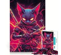 Chat Sphynx Ninja avec Katana, Animal samouraï Japonais, Puzzle de 1000 pièces pour Adultes, Jeu de logique, Moment de complicité, Cadeau de qualité supérieure 38x52cm