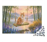 Chat sur Bamboo Swing par Le lac Puzzles 1000 Pieces Picture Puzzles for Adults Décoration Murale Tableau Décoratif 52x38cm/1000pcs