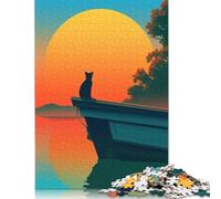 Chat sur Un Bateau au Coucher du Soleil, Puzzle carré créatif pour Adultes, Puzzle en Bois, décoration intérieure, 500 pièces (52 x 38 cm)