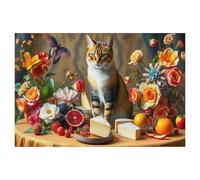Chat sur Une Table avec Fleurs et Fruits dans Le Style des Vieux maîtres，Puzzle pour Adultes 1000 Pièces en Papier Puzzles Jeu Cadeau Accueil Décoratif Mots Croisés（38x26cm）-AK60