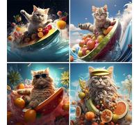 Chat surfant Diamond Painting 4 Pack,5D DIY Diamant Painting Kit Complet Adulte et Enfant, DIY Loisirs Créatifs, Canevas Diamant et Perle Diamant Peinture Point pour Décoration Murale, 10x10cm