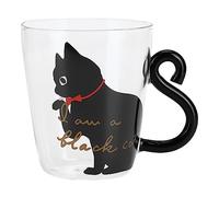 Chat Tasse Chat Forme Tasse Cadeaux Bouteille Tasse à café Transparent pour Lait Tasse Animal Tasse Verre avec Verres à Eau à Pied (Chat noir)