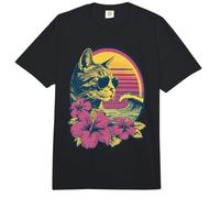 Chat tigré avec Lunettes de Soleil Hibiscus Fleurs d'été Coucher de Soleil des années 90 Comfort Colors Adult Heavyweight T-Shirt