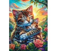 Chat tigré avec un chaton dans un jardin fleuri 300 Pieces Casse-tête Débutant En Carton Haute Qualité Rêve magique de science-fiction Facile Apprentissage Loisir Créatif Décoration Murale Cadeau Sain