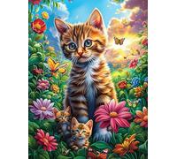 Chat tigré avec un chaton dans un jardin fleuri 300 Pièces Puzzle Expert Confirmé En Carton Épais Sans Déformation Rêve magique de science-fiction Très Difficile Motif Complexe Cadeau Fête Des Pères P