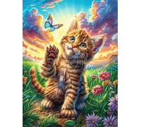 Chat tigré avec un papillon sur la patte 500 Pièces Puzzle Amateur D'Art En Carton Épais Haute Densité Scène de conte de fées dessin animé Difficile Niveau Expert Décoration Murale Idée Cadeau Anniver