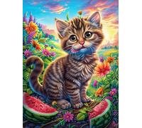 Chat tigré avec une pastèque 1000 Pièces Puzzle Expert Confirmé En Carton Sans Déformation Scène de conte de fées dessin animé Très Difficile Décoration Murale Collection Cadeau Fête Des Pères Premium