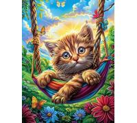 Chat tigré dans Un hamac 500 Pièces Puzzle Débutant en Carton Anti-Déchirure Animal Mignon de Conte de fées Facile Apprentissage Anti-Stress Passe-Temps Cadeau Fête des Mères Petit Prix 500 PCS