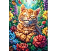 Chat tigré faisant la sieste dans un parterre de fleurs 500 Pieces Casse-tête Adulte En Carton Anti-Déchirure Animaux et plantes Haute Difficulté Motif Complexe Anti-Stress Passe-Temps Cadeau Noël Pas