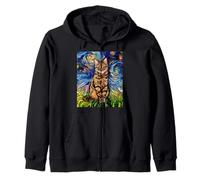 Chat tigré Marron Nuit étoilée Art Animal impressionniste par Aja Sweat à Capuche