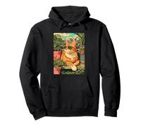 Chat tigré Roux avec Lunettes de Soleil Art Floral botanique Printemps Sweat à Capuche
