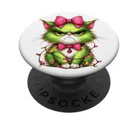 Chat Vert Grincheux de Noël Guirlande et nœud Humour Cadeau PopSockets PopGrip Adhésif