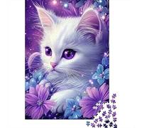 Chat Violet Puzzle 1000 Pièces Papier pour Adultes Fleurs Violettes Jeu de Puzzle 1000 Pièces Détente Décoration 70x50cm/1000pcs