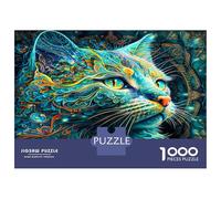 Chat Visage Tourbillon Bleu 1000 Pièces Coffret Puzzle Art félin psychédélique Puzzle Carton Premium - Anti-Stress Déco, Cadeau Femmes Hommes Enfants, Développement Cognitif 52x38cm/1000pcs