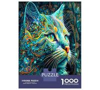 Chat Visage Tourbillon Bleu 1000 Pièces Puzzle Premium Art félin psychédélique Puzzle Classique Carton Épais - Ultra Dur, Anti-Stress Détente, Idéal pour Les Loisirs Indoor Amusants 38x26cm/1000pcs