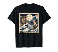 Chat vs T-Rex Japonais Great Wave Art drôle T-Shirt
