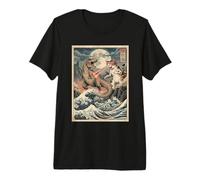 Chat vs T-Rex Japonais Ukiyo-e Kaiju Monster Art T-Shirt Haut de Gamme