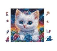 Chat with Blue Eyes and Roses 100 Pièces Puzzle Débutant en Carton sans Déformation Facile Apprentissage Anti-Stress Passe-Temps Idée Cadeau Saint Valentin Premium 28x28cm