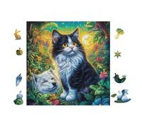 Chat with Loup dans la forêt au Clair de Lune 100 Pièces Puzzle Famille en Voitureton Rigide Difficulté Moyenne Activité Familiale Anti-Stress Loisir Créatif Idée Cadeau Anniversaire Premium 28x28cm