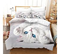 Chat Yeux Bleus 3D Housse de Couette 200x200 cm Parure de Lit Adulte 2 Personnes avec Fermeture Éclair avec 2 Taies d'oreiller 65x65 cm Literie Douce en Microfibre