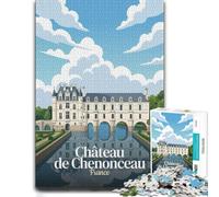 Chateau de Chenonceau, France Illustration Puzzle en Bois, 500 pièces | Cadeau de fin d'année pour fan de puzzle : loisir manuel en intérieur en intérieur.