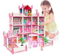 Château De Princesse Maison De Poupée - Villa 11 Pièces Avec Lumières LED - Inclut 4 Poupées Jeu De Rôle Pour Développement Créatif