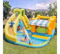 Château gonflable 433 x 375 x 165 cm avec stations de jeu 10 en 1 - Toboggan aquatique, trampoline, mur d'escalade, panier de basket, piscine à balles et pataugeoire - Avec ventilateur de 450 W pour