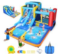 Château Gonflable 9 en 1 pour Enfants de 3 à 10 Ans, extérieur intérieur Castle Bouncer en Plein air avec Double Toboggan Zone de Saut, Grande Piscine Aquatique