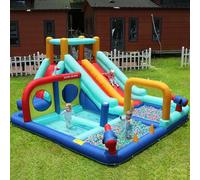Château gonflable avec double toboggan à eau et trampoline - Parc aquatique 7 en 1 pour enfants avec pataugeoire, mur d'escalade, pistolets à eau, EN71, 365 x 450 x 217 cm, jardin/intérieur, à partir