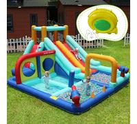 Château gonflable avec double toboggan - Château gonflable pour enfants avec mur d'escalade, pistolet à eau, fontaine, poteau de boxe, lancer à anneau, tissu Oxford, pour 3 à 8 ans, 4 enfants