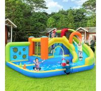 Château gonflable avec soufflerie, parc aquatique multifonctionnel et parc de trampolines pour enfants avec toboggan aquatique, panier de basket et mur d'escalade, 410x315x203 cm, Bleu