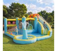 Château gonflable avec toboggan d'eau et trampoline - Parc aquatique quadruple pour enfants - avec pataugeoire, arroseur, ventilateur 450 W - 430 x 390 x 210 cm, tissu Oxford, pour extérieur et