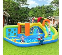 Château gonflable avec toboggan d'eau et trampoline - Parc aquatique XXL pour enfants avec pataugeoire, mur d'escalade, pistolets à eau, 410 x 315 x 203 cm, ventilateur 450 W, jardin/intérieur, à