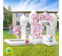 Chateau Gonflable Blanc Extérieur avec Toboggan, Trampoline et Piscine à Balles, Château Gonflable Enfant avec Soufflerie pour Intérieur Jardin Parc Fête Mariage Anniversaire Cadeaux, 320×280×210cm