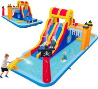 Château gonflable COSTWAY avec 2 toboggans, mur d'escalade, grotte pour ramper, canon à eau et pataugeoire, Bouncy Castle, parc aquatique pour enfants, 693x295x263cm