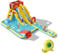 Château gonflable COSTWAY avec soufflerie 680W, toboggan aquatique, mur d'escalade, panier de basket, pistolet à eau, parc aquatique extérieur, y compris ballon de basket gonflable