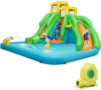 Château gonflable COSTWAY avec soufflerie, parc aquatique avec deux toboggans, mur d'escalade, panier de basket, pataugeoire et canon à eau, sac de transport, kit de réparation, piquets inclus, 400 x