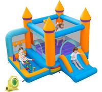 Château gonflable COSTWAY avec soufflerie, toboggan, piscine à balles, balles océan & panier de basket, château gonflable pour enfants pour l'extérieur & l'intérieur avec kit de réparation & piquets d