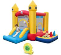 Château gonflable COSTWAY avec soufflerie, toboggan, zone de saut, panier de basket, piscine à balles, lancer d'anneaux, lancer de balles et balles océan, château gonflable pour enfants, pour l'intéri