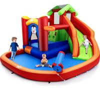 Château gonflable COSTWAY avec toboggan, mur d'escalade, pataugeoire, canon à eau & anneau de basket-ball, parc aquatique pour utilisation humide & sèche, kit de réparation inclus, sac de transport, 3