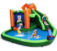 Château gonflable COSTWAY avec toboggan, mur d'escalade, pataugeoire, canon à eau & anneau de basket, parc aquatique pour utilisation humide & sèche, kit de réparation inclus, sac de transport, 370 x