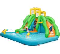 Château gonflable COSTWAY, parc aquatique avec deux toboggans, mur d'escalade, panier de basket, pataugeoire et canon à eau, sac de transport, kit de réparation, piquets inclus, 400 x 360 x 255 cm (sa