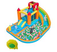 Château gonflable d'extérieur avec toboggan aquatique et trampoline - Parc aquatique pour 3 à 8 ans, avec panier de basket, mur d'escalade, 2 pataugeoires, ventilateur, Oxford 460 x 343 cm