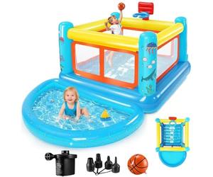 Château Gonflable Enfant 3-6 Ans Intérieur Extérieur, Structure Gonflable 4-en-1 avec Panier Basket Marelle Piscine Balles Amovible, Souffleur Inclus, PVC Résistant 270×170×127cm