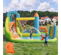 Château Gonflable Enfant 5-en-1 avec Toboggan, Piscine, Cage de Foot & Panier de Basket - Parc Aquatique d'Extérieur avec Souffleur 450W - Tissu Oxford Robuste